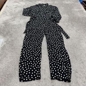 Zara Belted Button Down Long Sleeve Jumpsuit Womens Small Black White Polka Dot